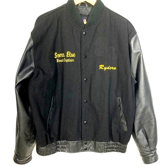 Varsity Letterman Aviator Bomber Jacket XL Black Leather Wool Embroidered Racing - Picture 2 of 14